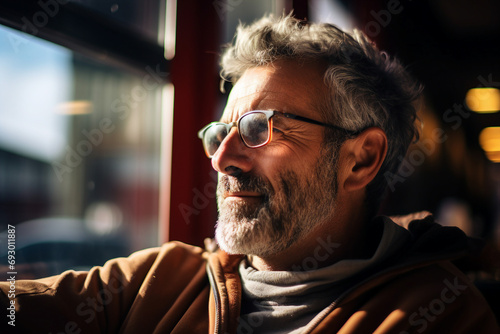 Generative AI portrait of young person sitting dreamy in aroma cafeteria enjoying morning coffee