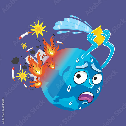 A pitiful world trying to extinguish the flames of war. Stop war and conflicts in the injured world. Poster no war stop war. illustration vector cartoon.