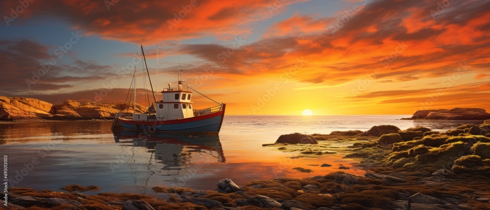 fishing boat silhouetted at sunset with le morne brabant in background, panoramic landscape - obrazy, fototapety, plakaty 