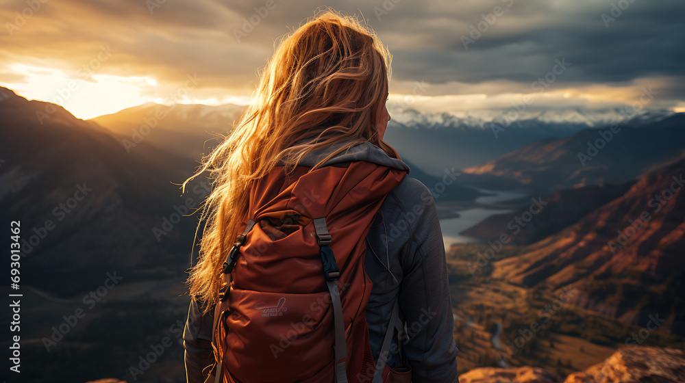 Adventure Travel Photography, Female Hiker on a mountain peak overlooking a vast valley - Golden hour morning shot. 