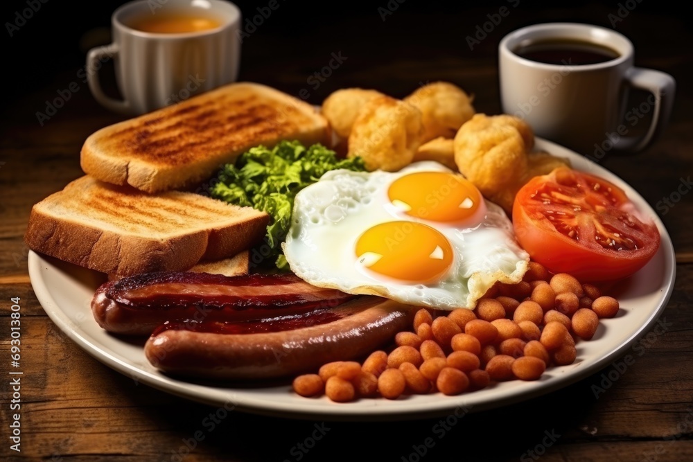 english breakfast with fried eggs bacon sausages beans toasts on dark background. Generative AI english breakfast with fried eggs bacon sausages beans toasts on dark background. Generative AI