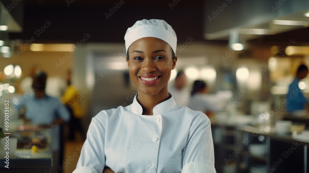 african american black woman as chef standing in kitchen with smile, ai