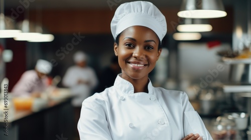 african american black woman as chef standing in kitchen with smile, ai photo