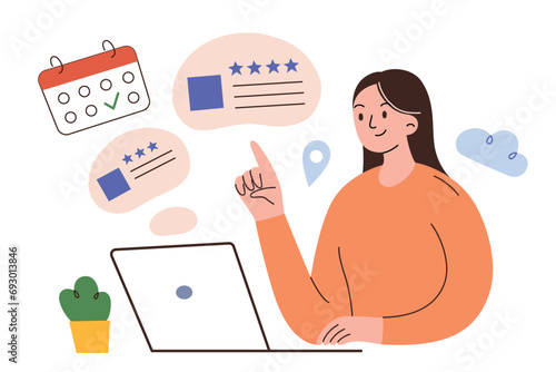 Woman booking hotel, travel planning hand drawn composition, vector illustration of girl choosing apartment or hostel for trip, online platform with accommodation rating, making vacation reservation