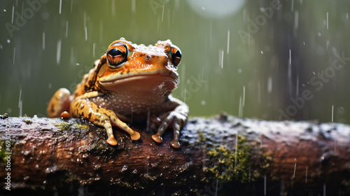 Macro shot of a frog perched on a wooden branch