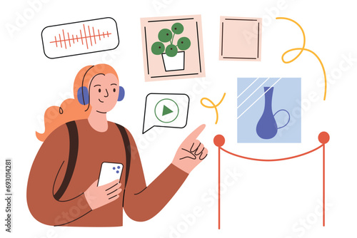 Audio guide in art museum, girl using mobile app in gallery, tourist visit exhibition, listening to audio tour in headphones, travel service, vector illustration of woman enjoying self-guided tour