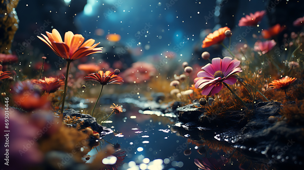 Galactic Garden, A surreal image of a garden floating in space, with ...