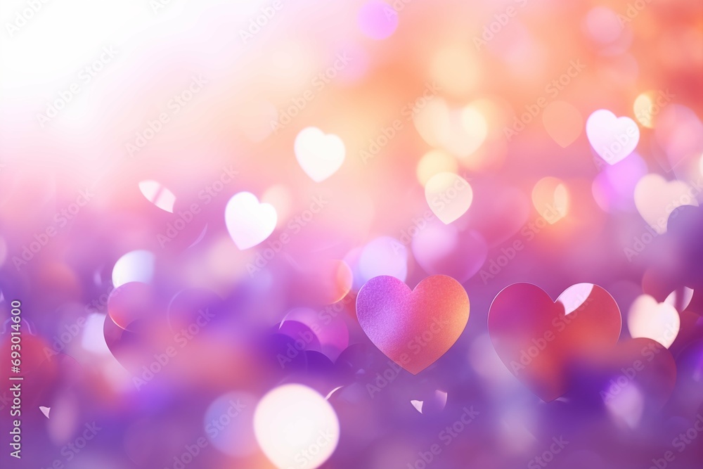 Beautiful romantic background with a bokeh effect of shining hearts in pink tones.