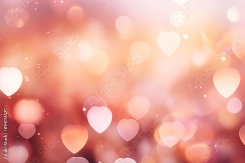 Beautiful romantic background with hearts and bokeh effect in shining pink and red tones.