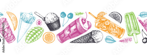 Summer party ribbon. Seamless pattern. Non-alcoholic beverage, mocktail, ice cream, fruit, cocktail sketches. Hand drawn vector illustration. Summer food festival. Tropical design.