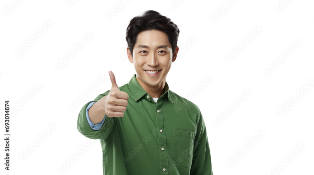 young Asian man with thumbs up in green shirt