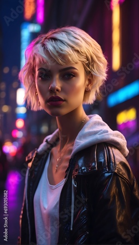 portrait of a young woman with short blond hair on the street at night