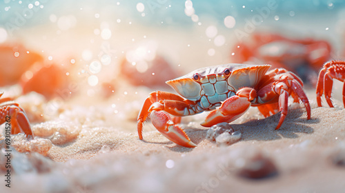 Macro shot of cute crabs on sand