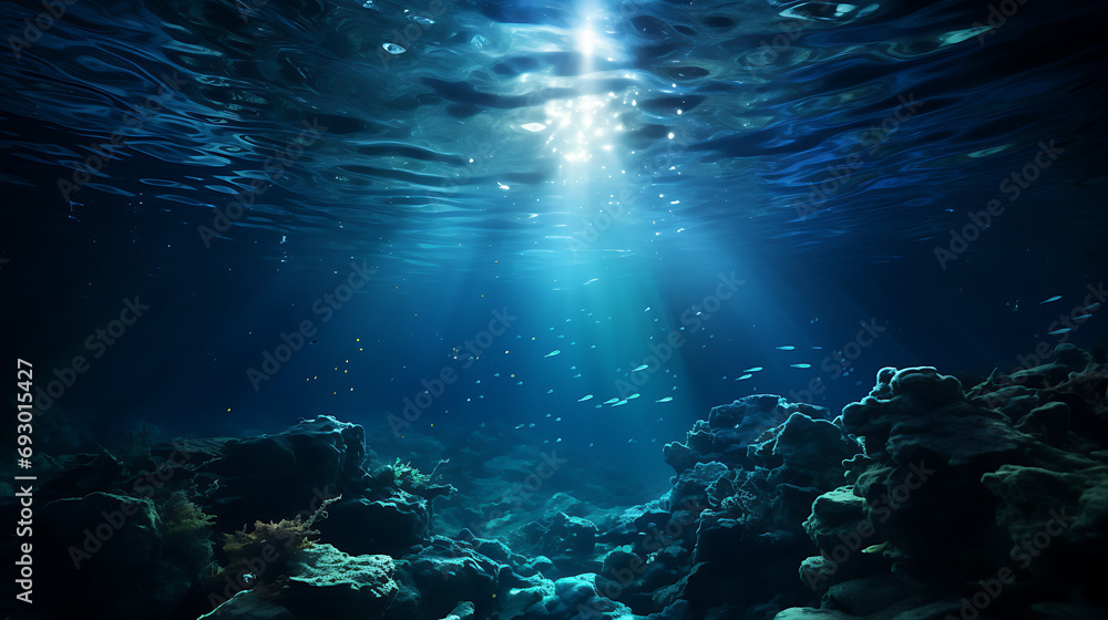 Underwater Sky, A mesmerizing image of an underwater world where the sea mimics the appearance of a starlit night sky, blurring the lines between above and below - obrazy, fototapety, plakaty 