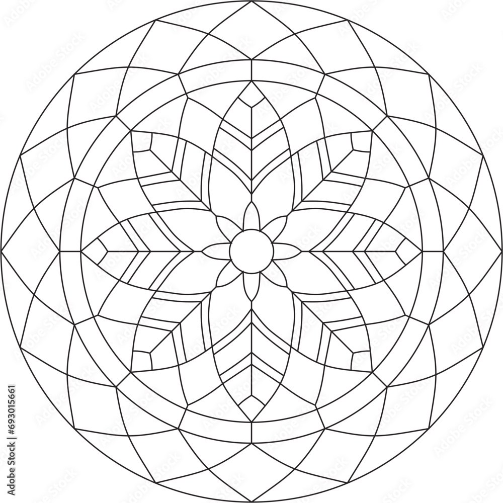 Vector outline round stained glass pattern for window or ceiling. Mosaic circle, geometric ornament. Sketchy flower.