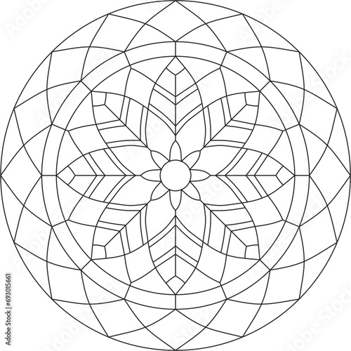 Vector outline round stained glass pattern for window or ceiling. Mosaic circle, geometric ornament. Sketchy flower.