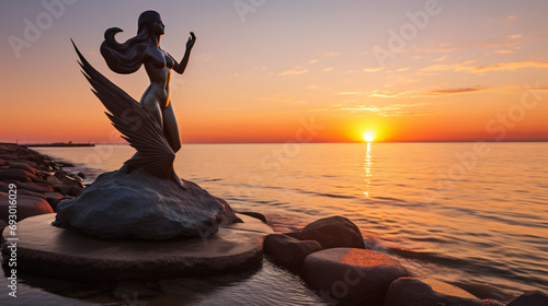 Mermaid statue by the Baltic Sea in Ustka at sunrise photo