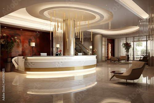 Interior of luxury hotel lobby zone with reception desk and relax zone for guest, modern style concept, entrance lobby for welcoming. photo