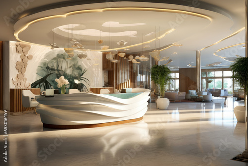 Interior of luxury hotel lobby zone with reception desk and relax zone for guest, modern style concept, entrance lobby for welcoming. photo