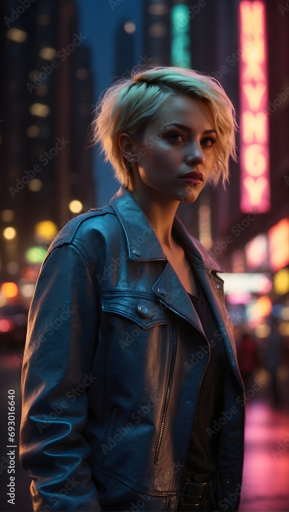 portrait of a young woman with short blond hair on the street at night