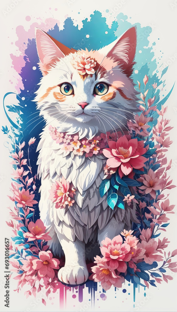A Whimsical Cat Painting with Delicate Floral Accents