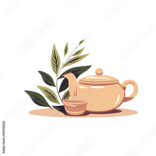 Green tea leaves, tea, kettle, cup, glass, vector illustration, icon sign template