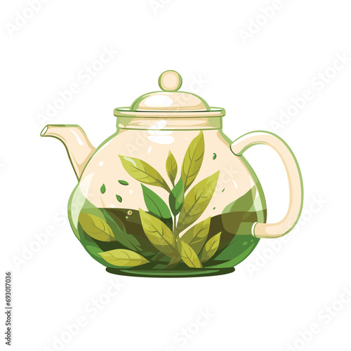 Green tea leaves, tea, kettle, cup, glass, vector illustration, icon sign template