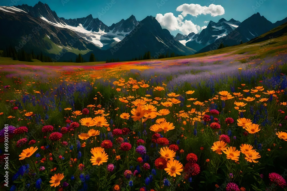 A vast field of vibrant wildflowers nestled at the base of majestic mountains, with the first blooms of spring painting the landscape in a riot of colors.