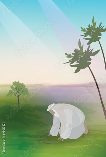 Biblical vector illustration. Genesis 17:17. Abraham fell facedown; he laughed and said to himself, Will a son be born to a man a hundred years old? Will Sarah bear a child at the age of ninety? photo