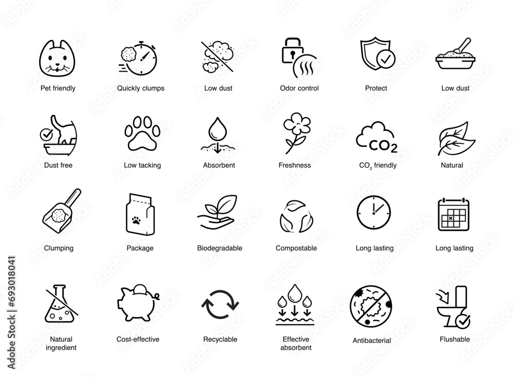Set icons for cat litter. The outline icons are well scalable and editable. Contrasting elements are good for different backgrounds. EPS10.