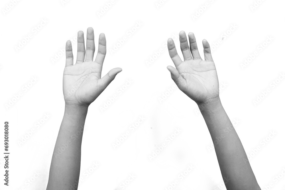 Man's hands isolated on white background, making a gesture.