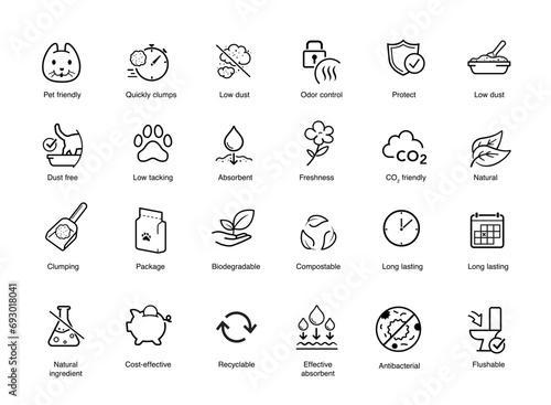 Set icons for cat litter. The outline icons are well scalable and editable. Contrasting elements are good for different backgrounds. EPS10.
