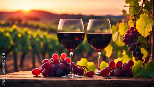 Two glasses of red wine and a bunch of grapes on a table against the backdrop of a vineyard