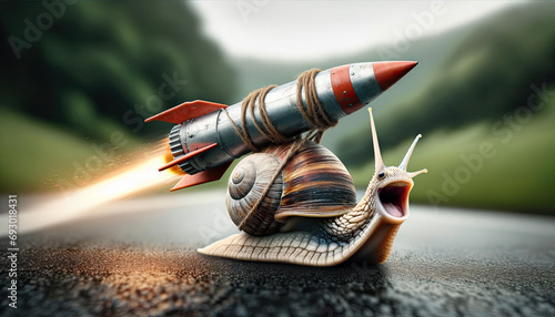 AI-generated image of a cute snail with a rocket strapped to his shell, looking excited as he is about to be launched forward at high speed. photo
