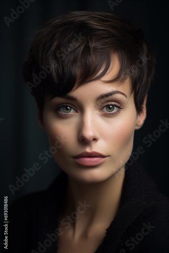 epic portrait woman . short hair. dark background. eyes style, hair style. 