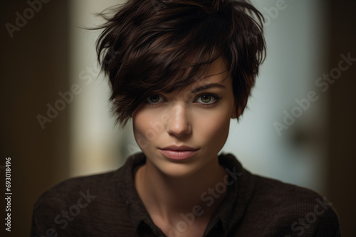 epic portrait woman . short hair. dark background. eyes style, hair style. 