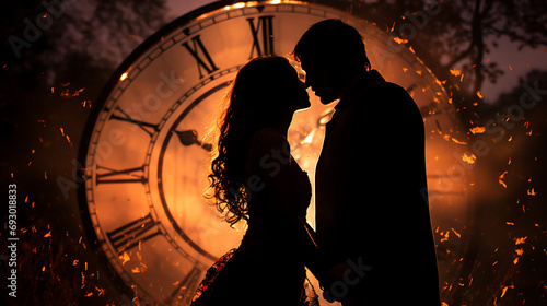 First Kiss of the Year, Silhouette of a couple sharing a romantic kiss as the clock strikes midnight, illuminated by fireworks in the background photo