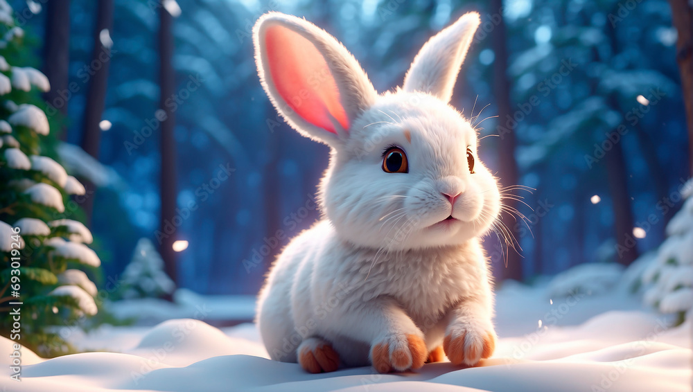 Fototapeta premium White fluffy bunny in a winter snowy forest