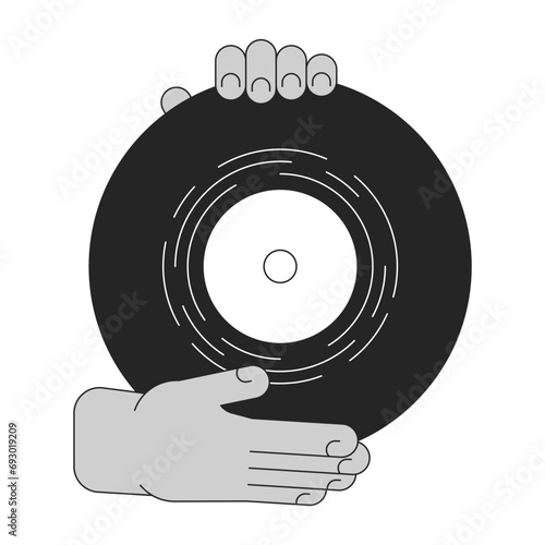 Record vinyl holding cartoon human hands outline illustration. Showing disc 2D isolated black and white vector image. Gramophone disk. Nostalgic music analog flat monochromatic drawing clip art