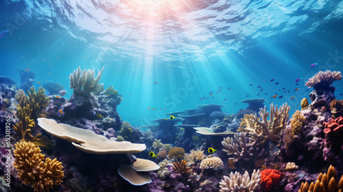 Panorama background of beautiful tropical coral reef