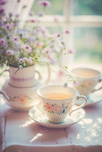 Cups of tea and beautiful flowers. Refined vintage dishes.