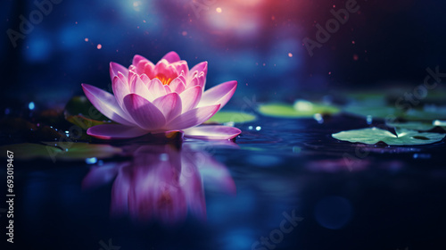 Pink lotus flower on night with blurred background.