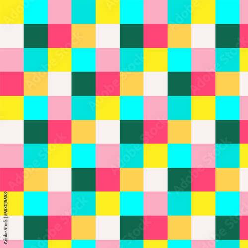 Trendy vector seamless pattern with dot pixel art y2k style vintage retro video game. Tech Abstract Background with Random color Pixels. Vector Chaotic Squares Mosaic Pattern