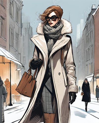 A fashionable woman walking down the urban street on a winter day, warm tones, Illustration, AI, for gift cards, blogs, brochures, mockups, IG, sales pop-ups  photo