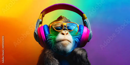 A monkey is listening music with headset, colorful background. Chimpanzee with earphones.This content with created with AI tools.