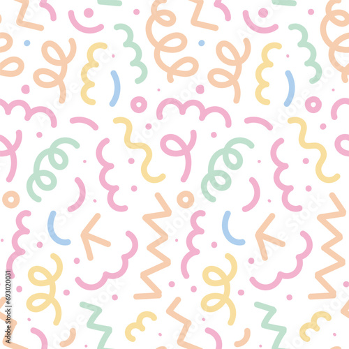 Cute hand drawn colorful line doodle seamless pattern. Creative minimalist style art background for kids or trendy design with basic shapes. Simple childish scribble swirls.