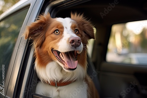 happy dog looking out of a car window