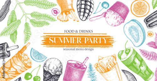 Summer party background. Non-alcoholic beverage, mocktail, ice cream, fruit, cocktail sketches. Hand drawn vector illustration. Summer food festival banner. Tropical frame design.