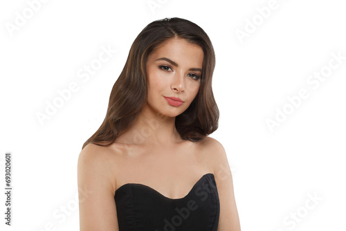Smiling young female model woman with long healthy dark brown hair, shiny fresh skin. Studio fashion beauty portrait © millaf