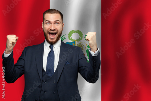 Perunian happy businessman on the background of flag of Peru Business, education, degree and citizenship concept photo